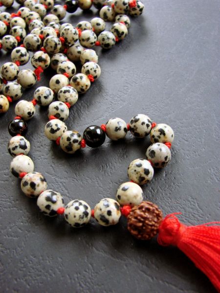 Dalmatian Jasper, Onyx and Rudraksha Necklace - Traditional Style